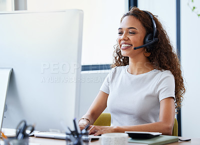 Buy stock photo Call center, consulting and business woman in office for telemarketing, customer service and ecommerce help desk. Advisory, sales and contact us with female consultant at computer for crm agent