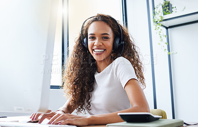 Buy stock photo Call center, happy and portrait of woman in office for telemarketing, customer service and ecommerce help desk. Advisory, sales and contact us with female consultant at computer for crm agent