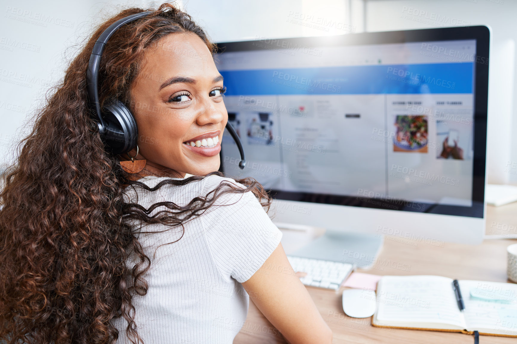 Buy stock photo Website, portrait and woman in call center with computer screen, headset and lead generation in office. Telemarketing, virtual assistant or customer service consultant at help desk for online booking