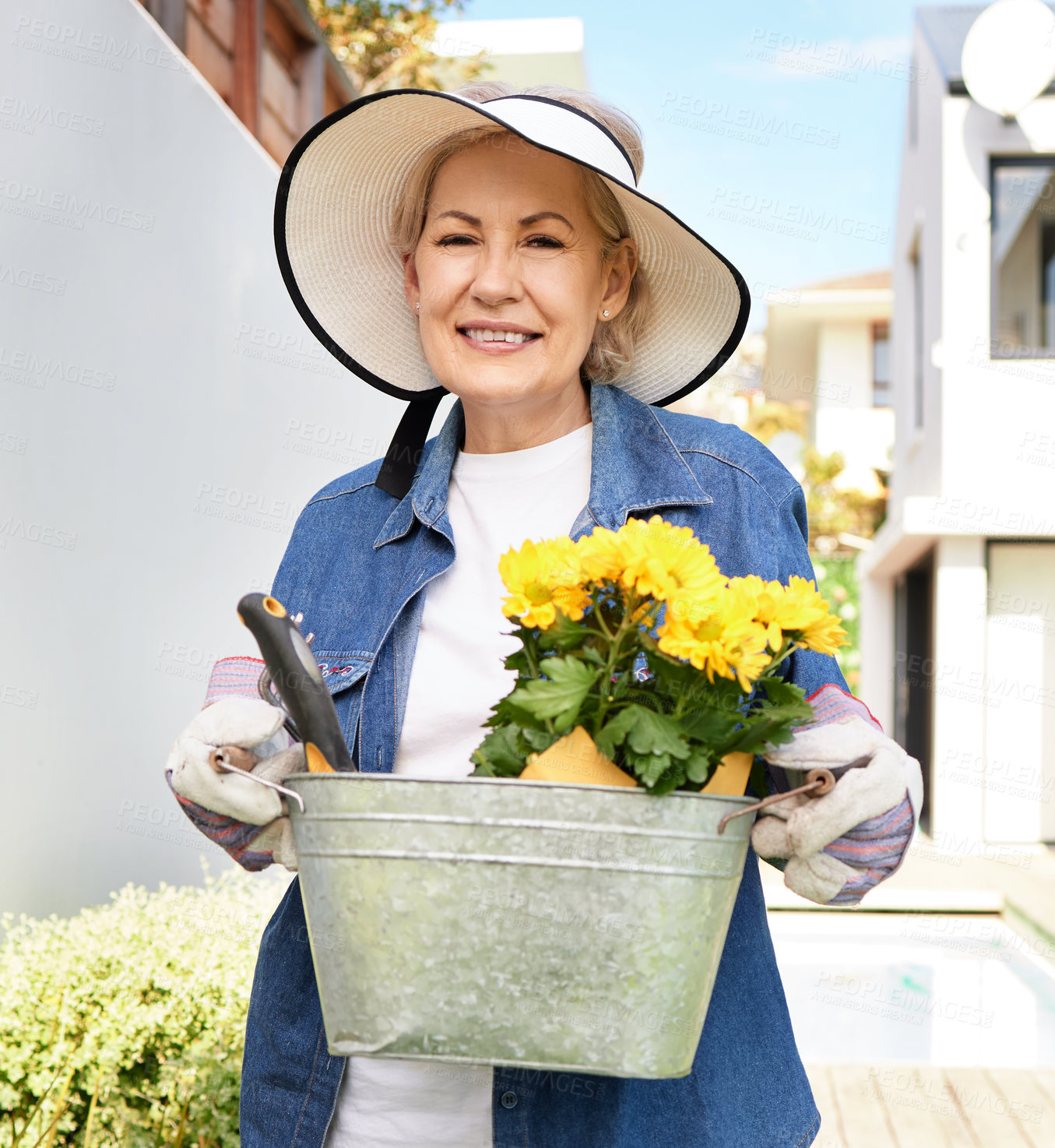 Buy stock photo Senior woman, plants and container in outdoor with portrait for happiness, planting for earth day. Female person, gardening or flowers in bucket for relaxed retirement, smile in backyard for wellness