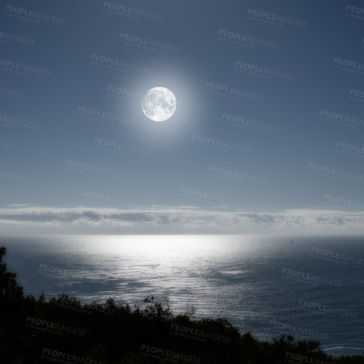 Buy stock photo Night, horizon and moon with seascape space, nature or environment with natural glow outdoor. Shine, light or mockup with skyline, nighttime scenery or scenic view of the ocean for wallpaper