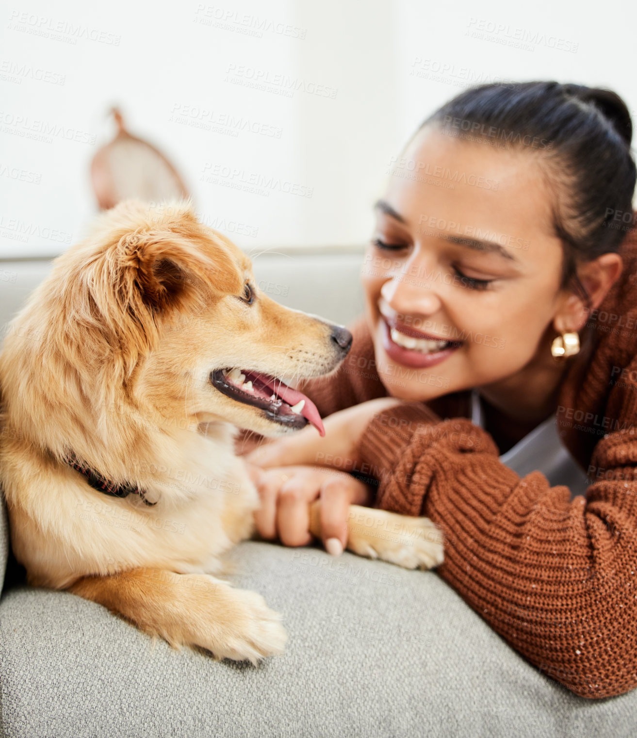 Buy stock photo Smile, woman and dog on sofa with love for attention, relax and happiness together for support. Best friends, pet and girl on couch for kindness with loyalty, animal adoption and wellness in lounge