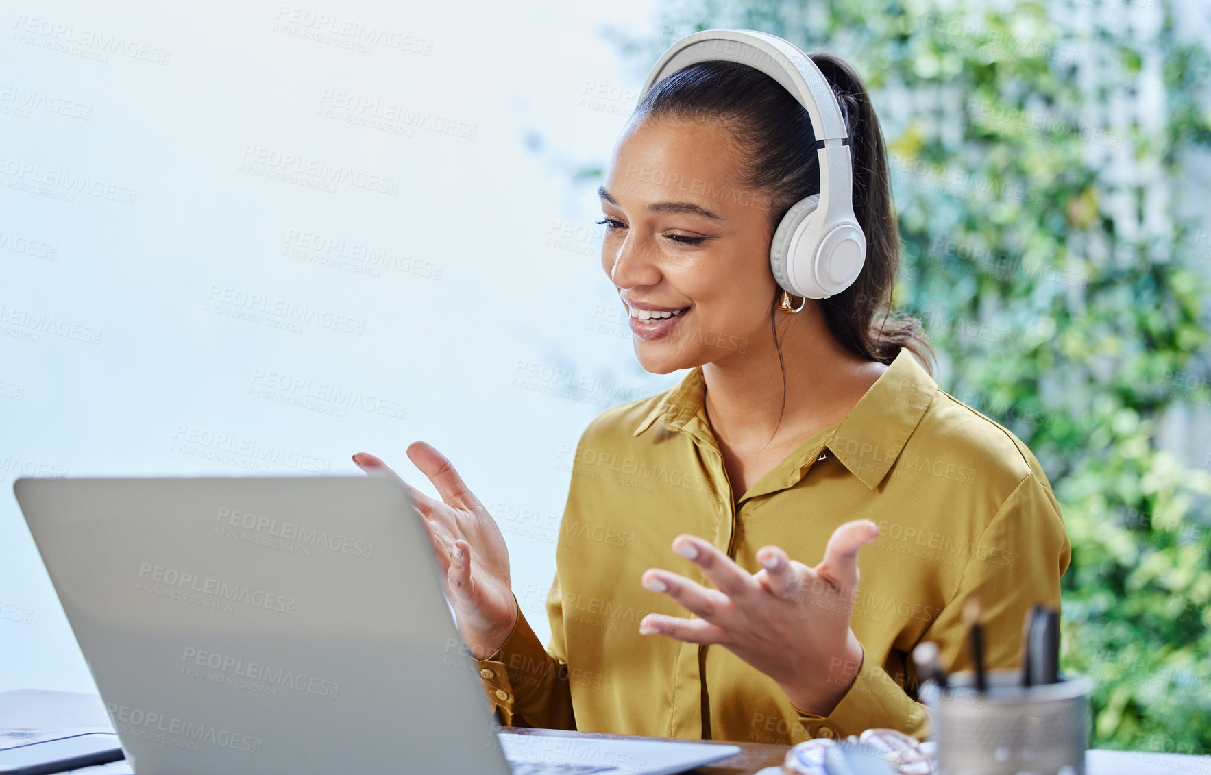 Buy stock photo Remote work, video call and business woman with headphones in home office for conversation, budget or planning with client. Event planner, laptop and employee for freelance, talking or negotiation