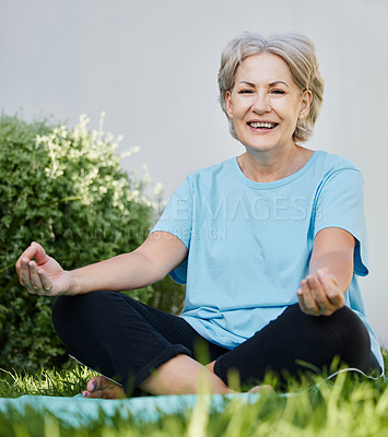 Buy stock photo Yoga, nature and senior woman for fitness on grass, garden and zen for meditation and breath work. Wellness, portrait or relax or pilates for retired female person, mindfulness and holistic balance