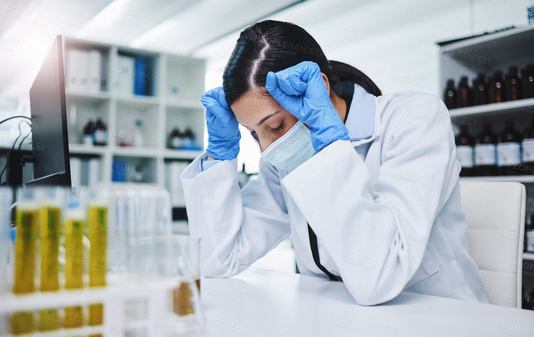 Buy stock photo Tired, woman and medical researcher with headache and test tubes for problem or stress with report. Frustrated, female person or healthcare with migraine from burnout or mistake on drug trial in lab