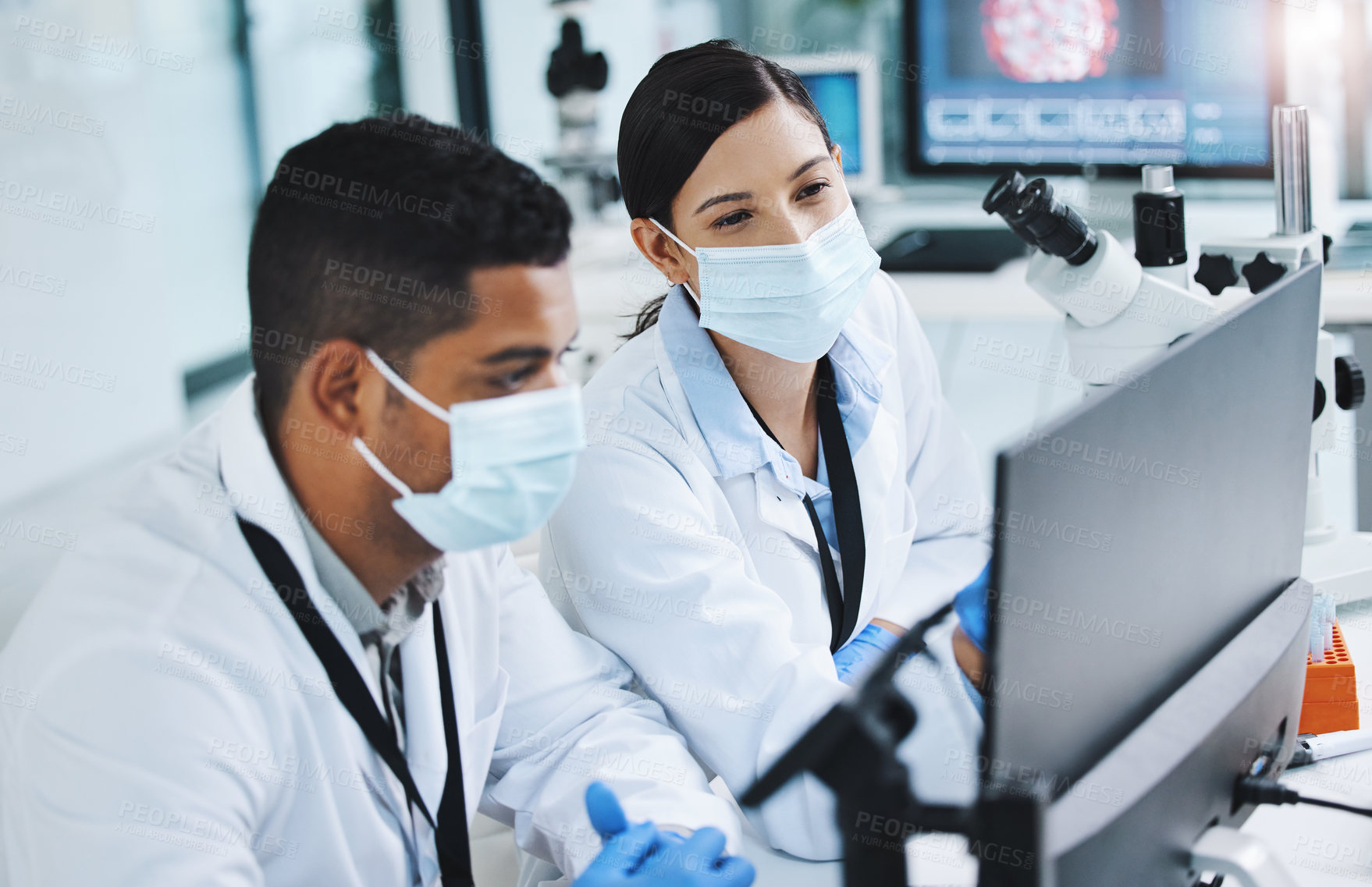 Buy stock photo Computer, medical and research with doctors and mask in hospital for innovation, healthcare and medicine. Man, woman and technology for internet, development and online for analysis and collaboration