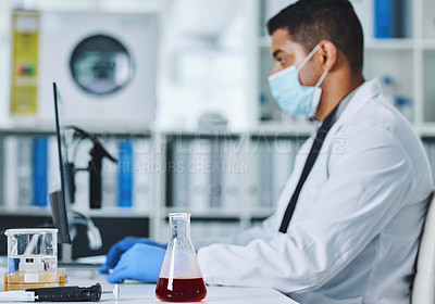 Buy stock photo Scientist man, computer and typing in lab for medical, pharmaceutical or covid research in face mask. Young male doctor, innovation and report on pc, check dna and science app for blood in laboratory