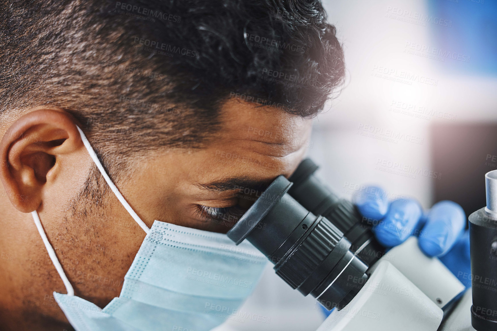 Buy stock photo Science, laboratory and man with microscope for research, medical analysis and lab test for sample. Healthcare, biotechnology and face of male scientist with equipment for virus, experiment and exam