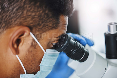 Buy stock photo Science, laboratory and man looking in microscope for research, medical analysis and lab test. Healthcare, biotechnology and male scientist with equipment for virus sample, experiment and examine
