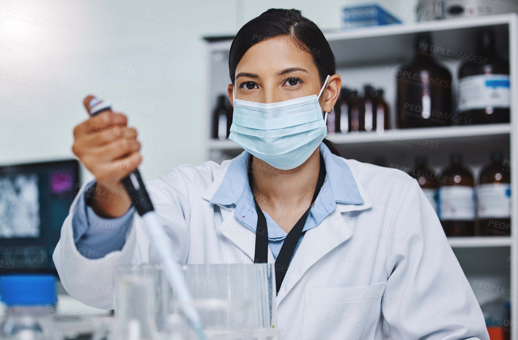 Buy stock photo Woman, scientist and portrait in medical research for covid 19, vaccine and pipette with sample, lab and pharma. Female person, technician and virus in healthcare in chemistry or forensic for testing