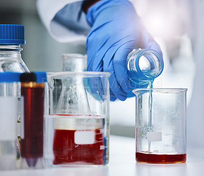 Buy stock photo Beaker, blood and hand for research or testing, sample and science for medical data for healthcare. Biotechnology, gloves or specialist for dilution, disease study or clinic for professional person