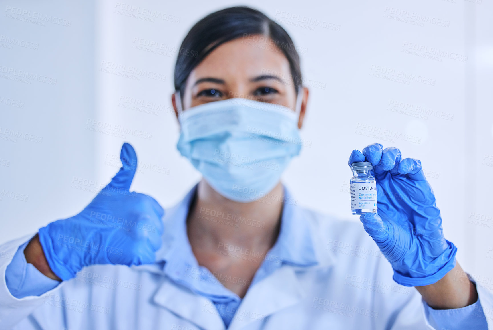 Buy stock photo Bottle, thumbs up and trust with science woman in laboratory for motivation, success or support. Healthcare, medical and thank you for doctor in mask for breakthrough, research or innovation portrait