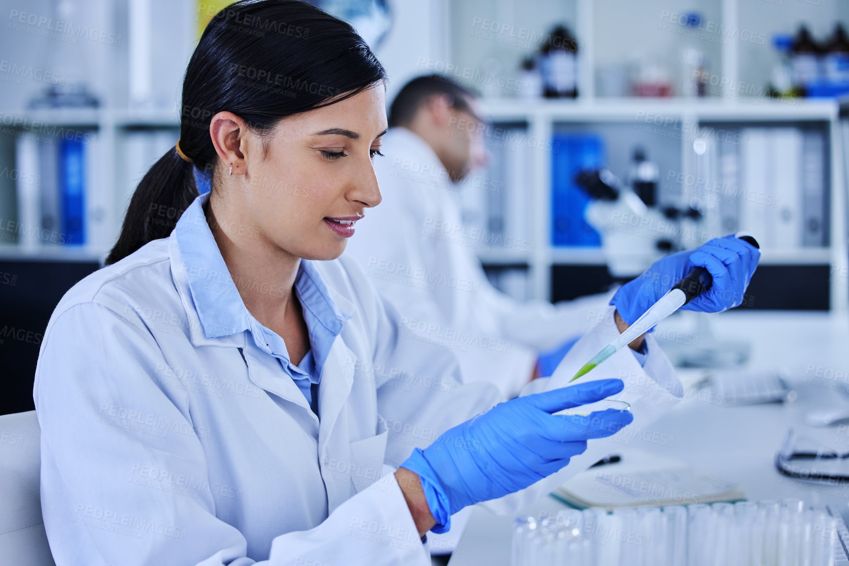 Buy stock photo Woman, scientist and medical research for covid 19, vaccine and pipette with sample in lab for pharmaceuticals. Female person, technician and virus in healthcare for chemistry in forensic for testing