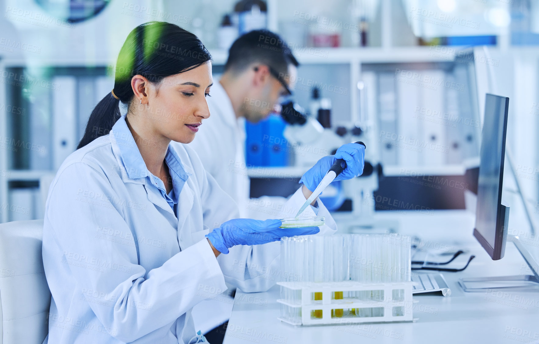 Buy stock photo Lab, scientist and woman with pipette for test on desk, liquid and research on chemical, gloves or coat. Clinic, medical and people with science, computer and exam for healthcare, medicine or results