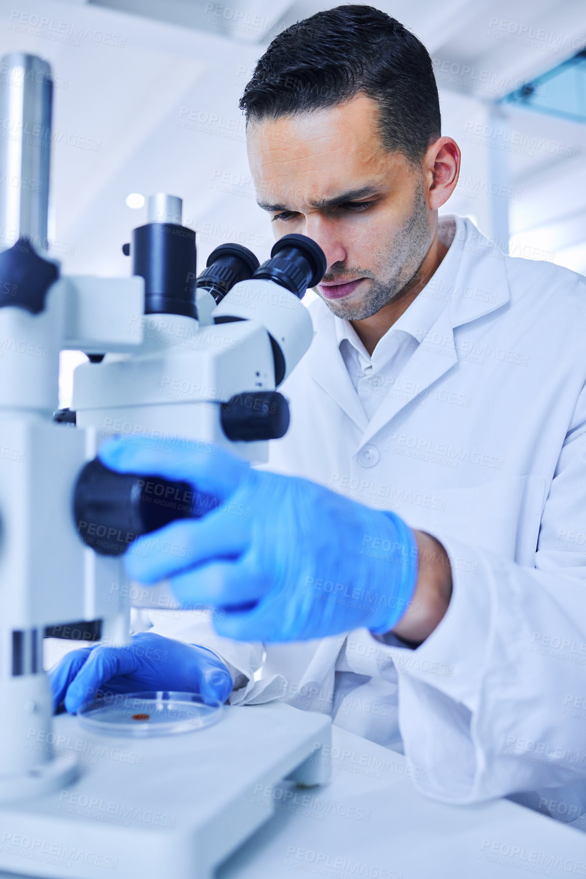 Buy stock photo Cropped shot of a handsome young male scientist working with a microscope in his lab