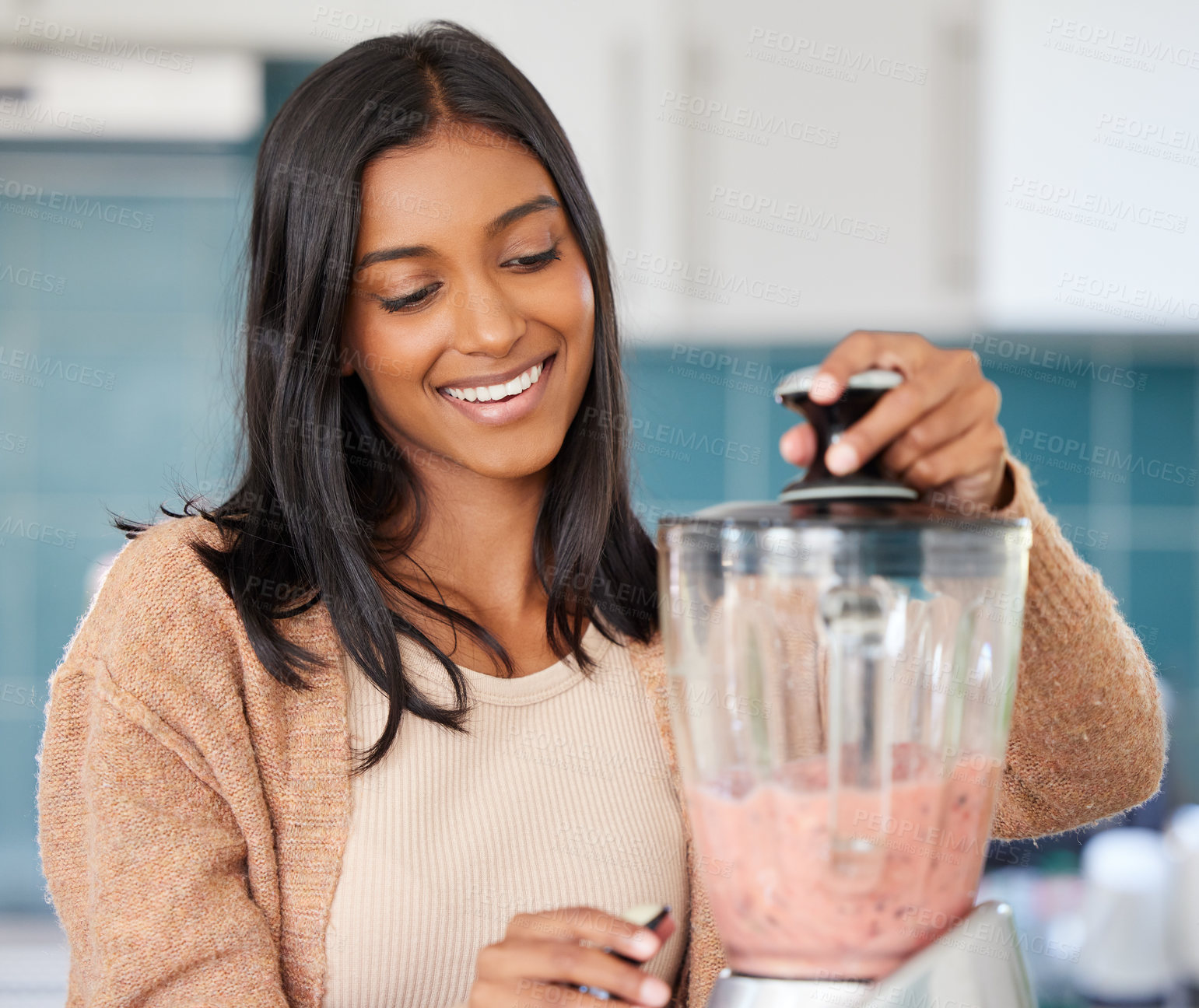 Buy stock photo Woman, liquid in blender for smoothie and drink, detox and healthy shake for diet, weight loss and vegan. Fresh, organic and fruit cocktail in kitchen at home for nutrition, vitamins and smile