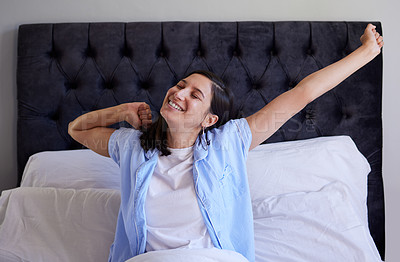 Buy stock photo Morning, stretching and woman in bed with smile, wake up and getting ready for start of new day. Bedroom, happy face and girl in home with rest for calm routine, wellness and comfort in hotel room