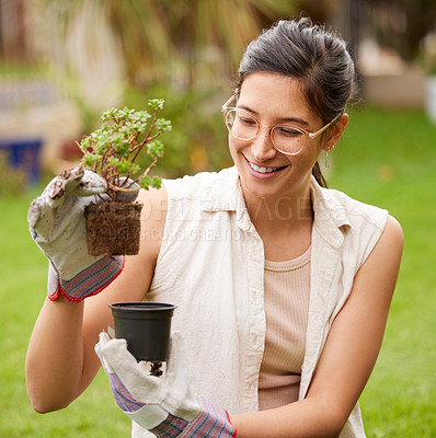 Buy stock photo Gardening, happy and woman with pot plant in backyard for natural environment, growth and ecosystem. Nature, gardener and person planting flowers, trees and sprout for sustainability and agriculture