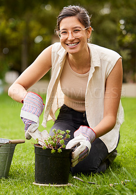 Buy stock photo Gardening, backyard and portrait of woman with plant for natural environment, growth and ecosystem. Nature, gardener and person planting flowers, trees and sprout for sustainability and agriculture