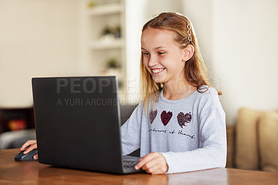 Buy stock photo Homework, girl or child with laptop, website info for project and internet for education, online reading and distance learning. Apartment, student and kid with tech, pc and virtual class with smile