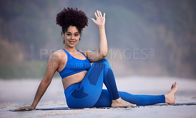 Buy stock photo Portrait, yoga and happy woman at beach for exercise, fitness and healthy body outdoor in Brazil. Smile, girl and practice pilates in nature for wellness, balance or stretching to relax in summer