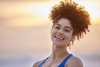 Buy stock photo Sunset, runner or portrait of happy woman in ready for outdoor workout, exercise or fitness training. Face, confident sports person or healthy female athlete with smile, wellness routine or energy