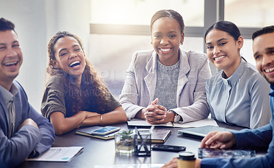 Buy stock photo Portrait, meeting and business people laughing in office for teamwork, planning or discussion at table. Lens flare, diversity and group of workers for ideas, conversation or collaboration on project