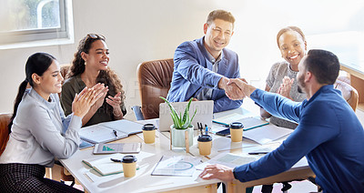 Buy stock photo Business people, handshake and applause in meeting for hiring, b2b agreement or teamwork at office. Happy group of employees shaking hands and clapping in recruitment, partnership or corporate growth