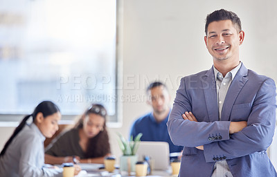 Buy stock photo Crossed arms, smile and portrait of businessman in office with positive, confident and leadership. Happy, pride and professional male finance manager in meeting for financial budget in workplace.
