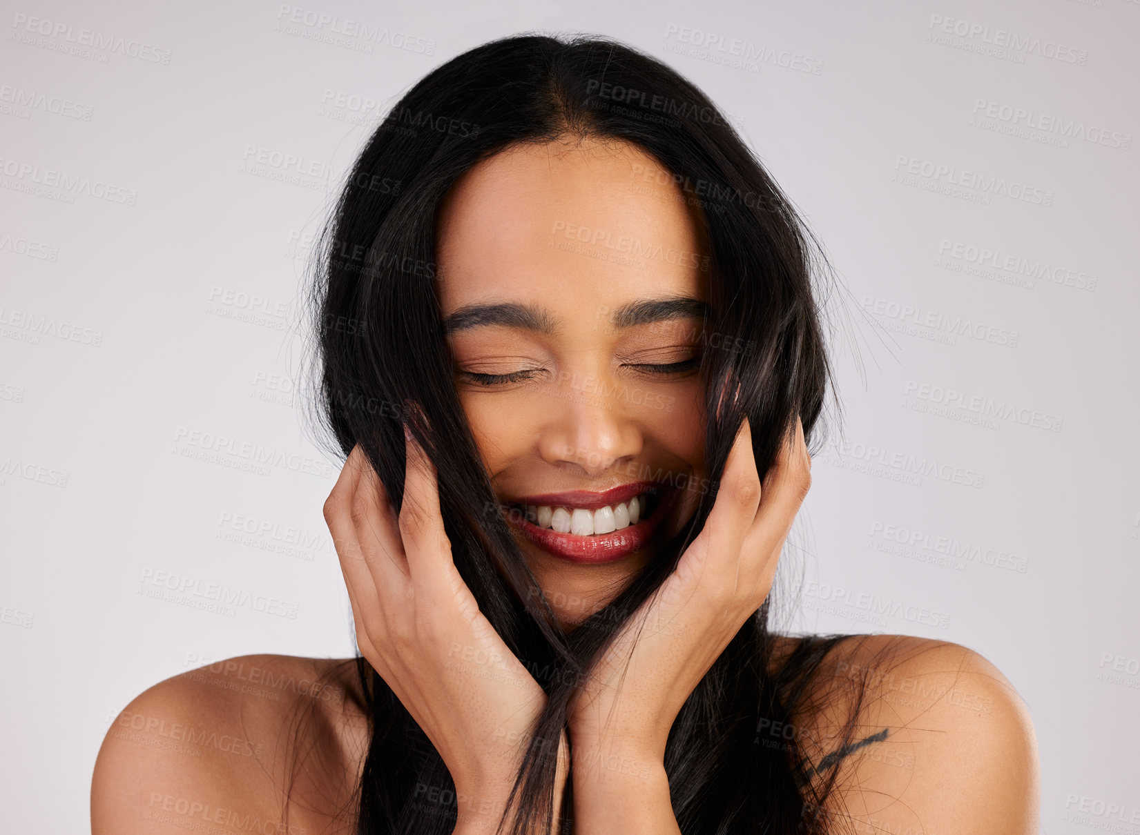 Buy stock photo Hair care, smile and woman with eyes closed in studio for growth, keratin treatment or shampoo on white background. Hairstyle, aesthetic and happy model for satisfaction, cosmetics or glowing texture