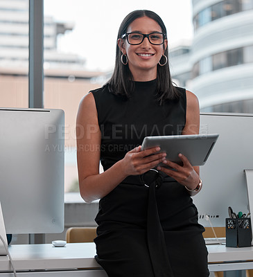 Buy stock photo Tablet, portrait and business woman in office for financial research for tax return policy. Smile, accounting and female finance consultant working with digital technology for corporate budget plan.