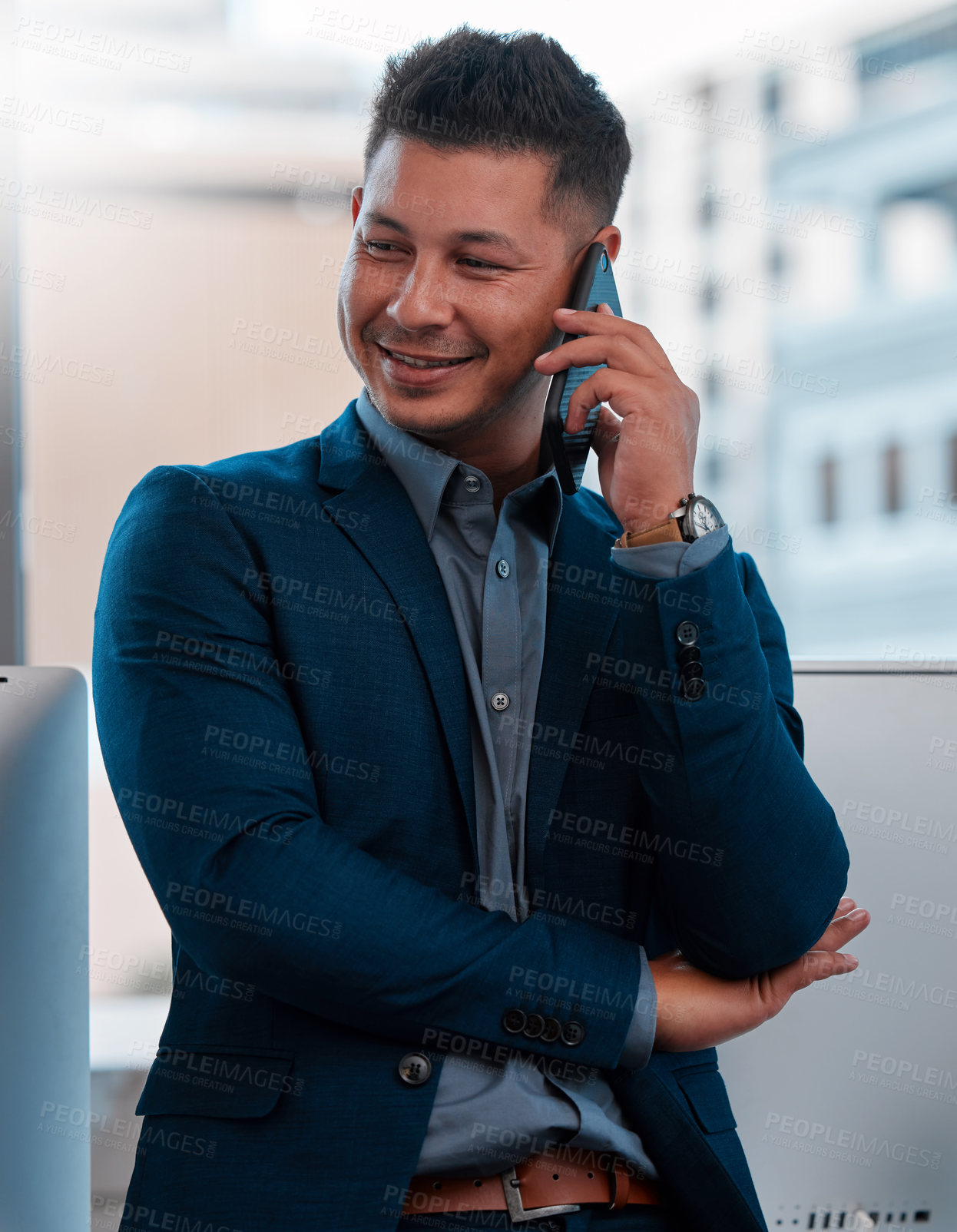 Buy stock photo Businessman, phone call and office with smile, proud and confidence for goals. Creative writer, professional news editor and expert reporter for content creation, publishing and press startup