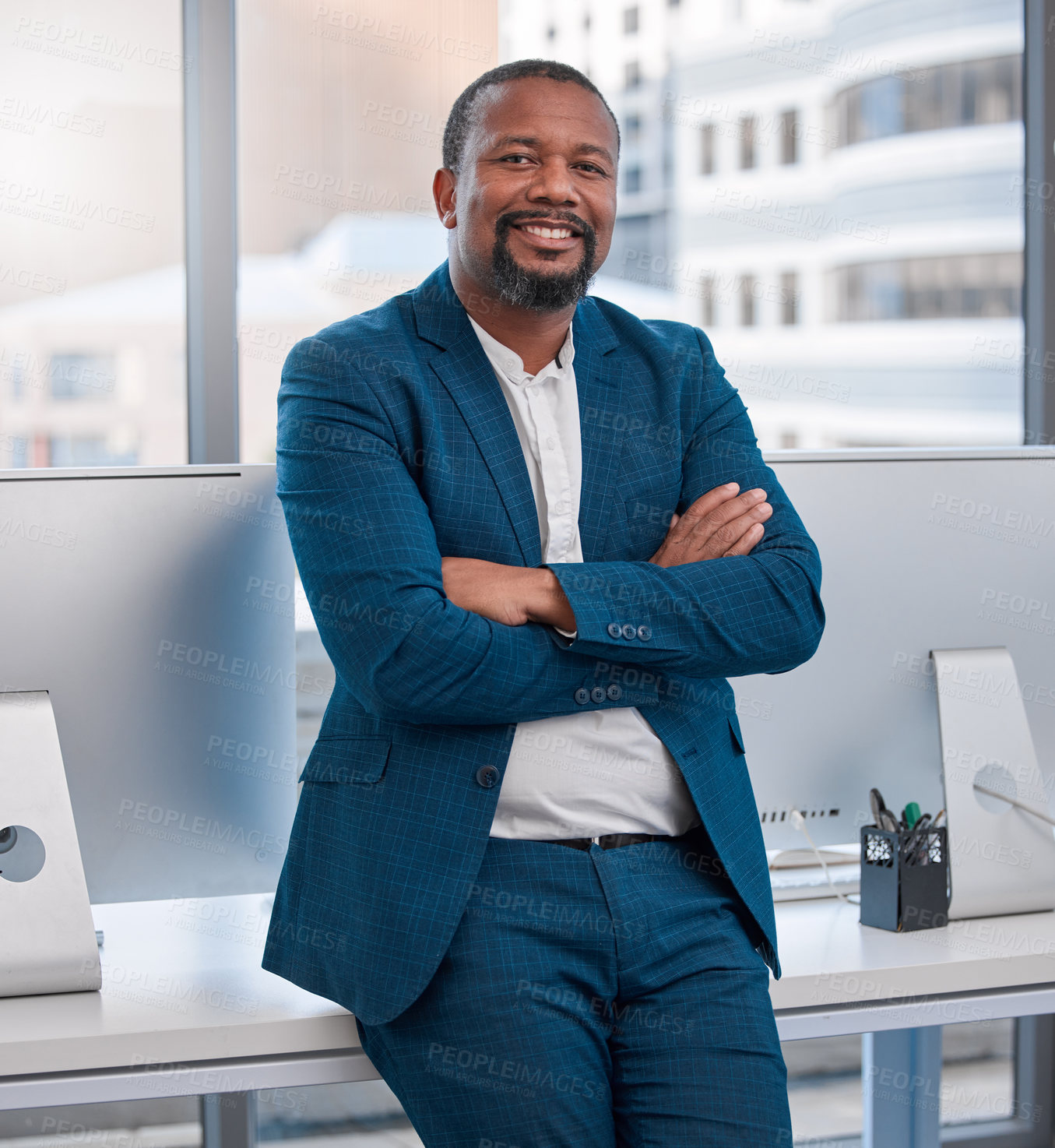 Buy stock photo African businessman, portrait and office with arms crossed, smile and confidence for goals. Writer, professional news editor and expert reporter for content creation, publishing and press startup