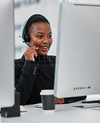Buy stock photo Call center, contact us and black woman consultant in office for online consultation with headset. Technology, technical support and female customer service or telemarketing agent work on computer.