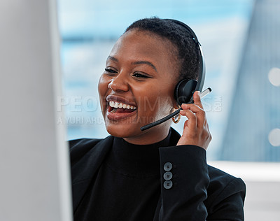 Buy stock photo Call center, smile and black woman consultant in office for online crm consultation with headset. Technology, technical support and female customer service or telemarketing advisor work on computer.