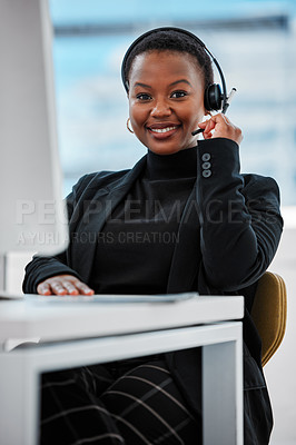 Buy stock photo Customer service, portrait and black woman consultant in office for online crm consultation with headset. Technology, technical support and call center or telemarketing advisor working on computer.