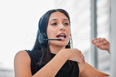 Buy stock photo Technical support, contact us and woman consultant in office for online crm consultation with headset. Technology, call center and female customer service or telemarketing agent work on communication