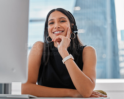 Buy stock photo Call center, contact us and portrait of woman consultant in office for online consultation with headset. Technology, technical support and customer service or telemarketing advisor work on computer.