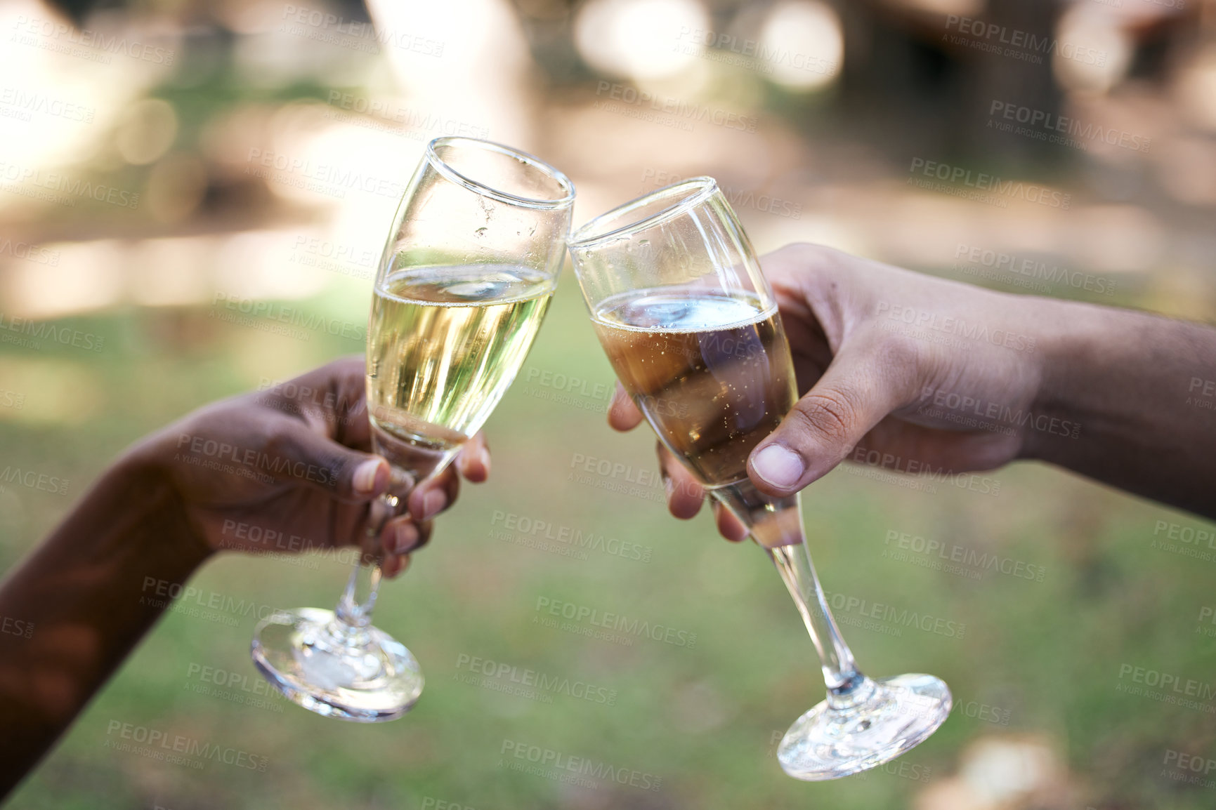 Buy stock photo Couple, hands and toast with champagne in nature for celebration, fun or bonding together. Vacation, love and people cheers on wine glass, drink or alcohol for holiday, summer or party outdoor