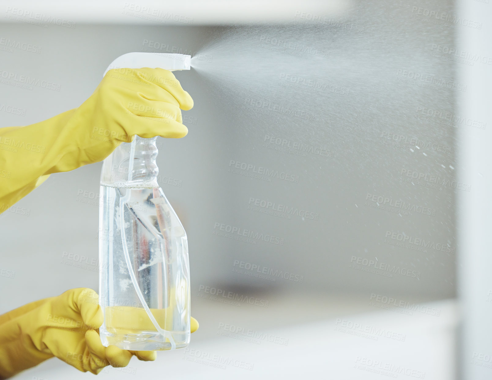 Buy stock photo Hands, rubber gloves and spray bottle with chemicals, hygiene and cleaning apartment for protection. Germs, disinfection and product for cleanliness, housekeeping and dirt in home for person