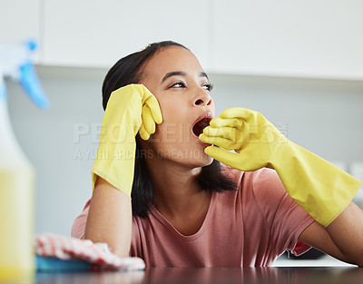 Buy stock photo Cleaning, tired and woman with fatigue in kitchen for hygiene, dirt removal and disinfect for bacteria. Female worker, yawn and table cleaner in apartment for safety with chemical, cloth and health