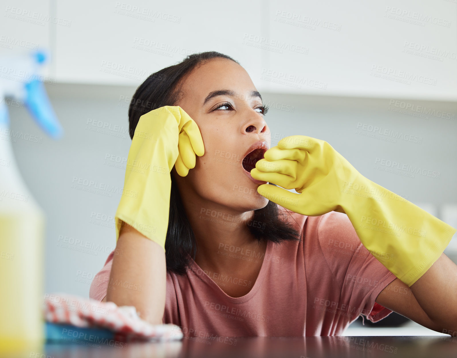 Buy stock photo Cleaning, tired and woman with fatigue in kitchen for hygiene, dirt removal and disinfect for bacteria. Female worker, yawn and table cleaner in apartment for safety with chemical, cloth and health