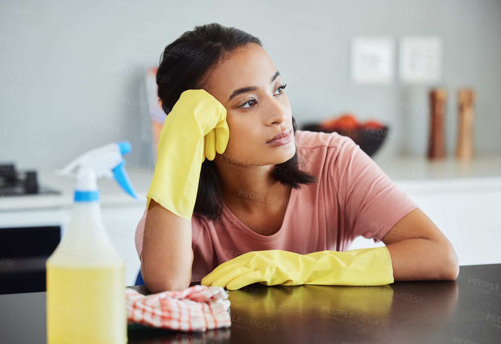 Buy stock photo Cleaning, tired and woman in home for thinking with fatigue, bacteria protection and frustrated housekeeper. Stress, distracted and sad female cleaner in kitchen with idea for work break and anxiety