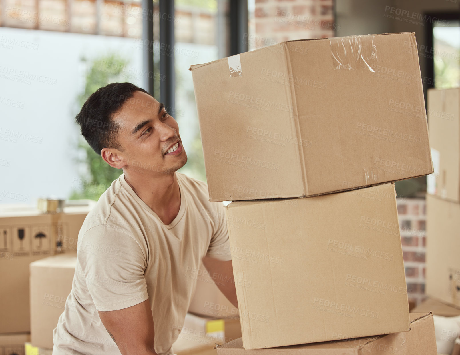 Buy stock photo Man, box and happy in new home, logistics or real estate for moving, beginning and commitment for mortgage. Delivery, and cardboard package and excited for property or apartment and renovation