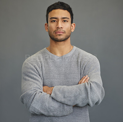 Buy stock photo Serious, arms crossed and portrait of man in studio for attitude, moody and focus. Stress, sad and problem with face of male model on grey background for mental health, sadness and disappointed