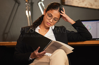 Buy stock photo Business woman, lawyer and reading with documents for company policy, regulations or proposal at office. Female person or employee with paperwork, contract or legal agreement in law firm at workplace