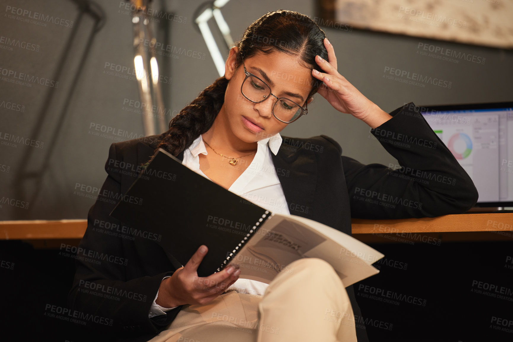 Buy stock photo Business woman, lawyer and reading with documents for company policy, regulations or proposal at office. Female person or employee with paperwork, contract or legal agreement in law firm at workplace