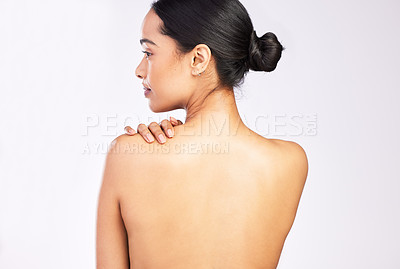 Buy stock photo Woman, studio and bare back with skincare or wellness isolated on white background with glowing skin. Hydration, hands and dermatology with health for cleaning, shine and treatment with wellbeing.