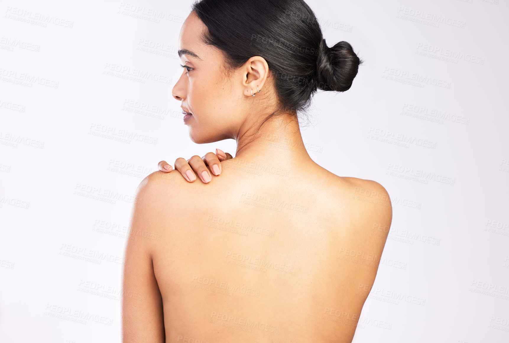 Buy stock photo Woman, studio and bare back with skincare or wellness isolated on white background with glowing skin. Hydration, hands and dermatology with health for cleaning, shine and treatment with wellbeing.