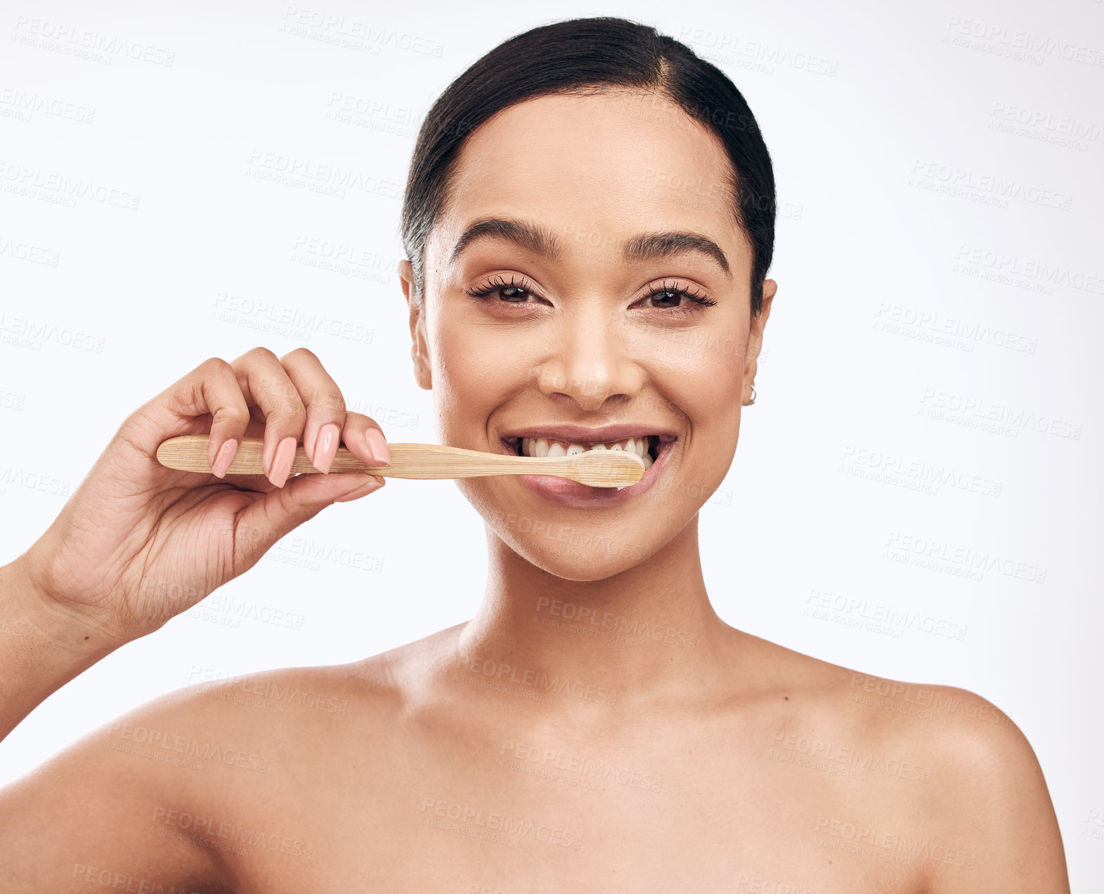 Buy stock photo Portrait, woman and brushing teeth in studio for dental care, hygiene and fresh on white background. Bamboo toothbrush, happy and female person with organic tool for cleaning, routine and wellness